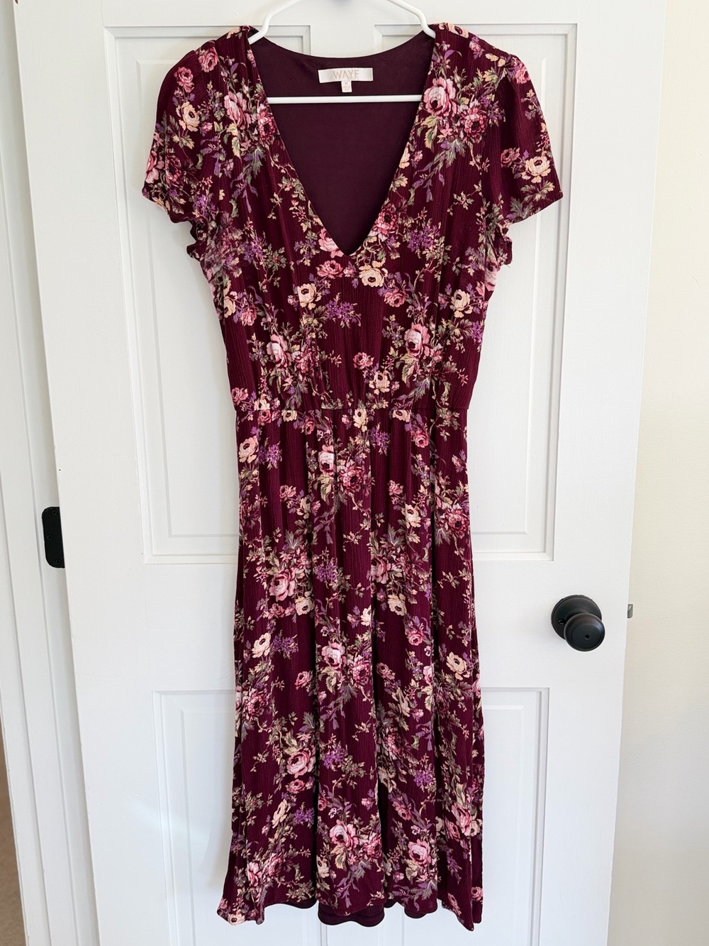 WAYF Burgundy Floral Midi Dress M V Neck Lined Boho Cottagecore